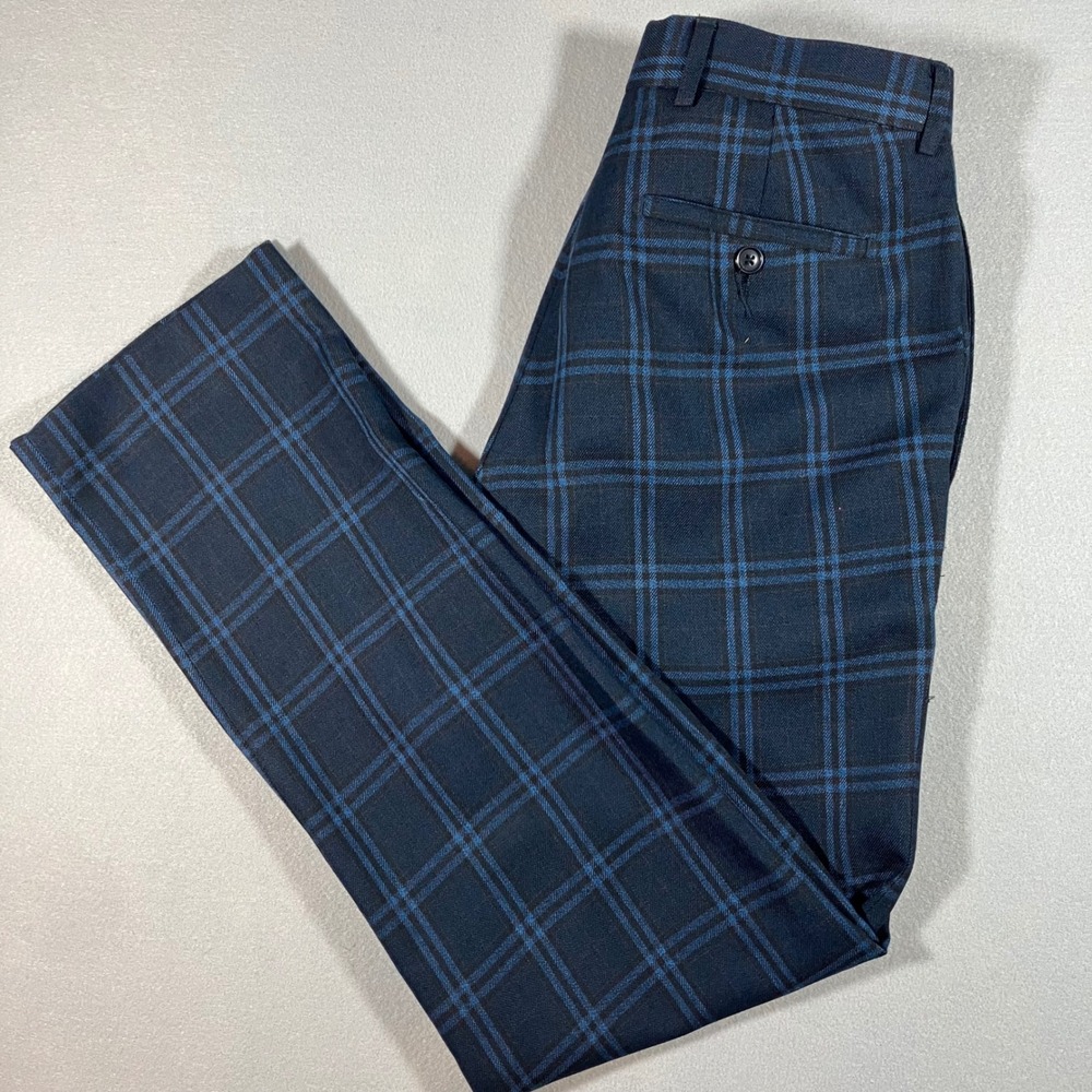 Vtg Bachrach Mens Sz 30 Blue Plaid Dress Pants Wool Blend Straight Leg Trousers